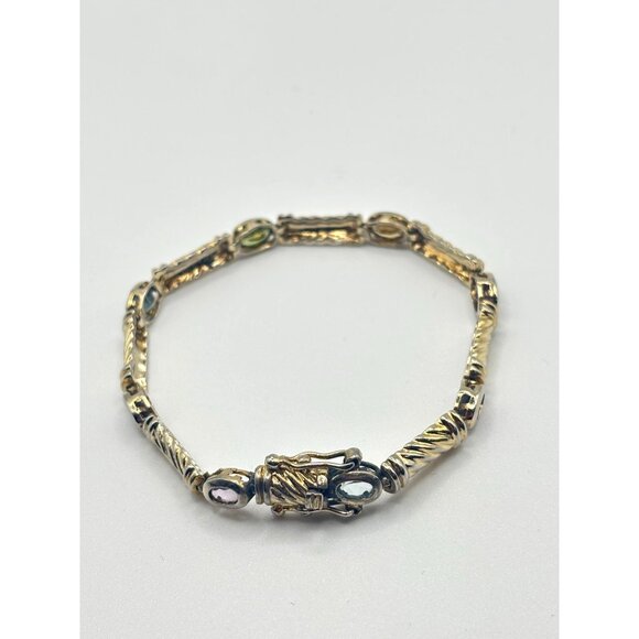 Estate TAS 925 Sterling Silver Multigem Bezel Bracelet 7" Long - Picture 2 of 8